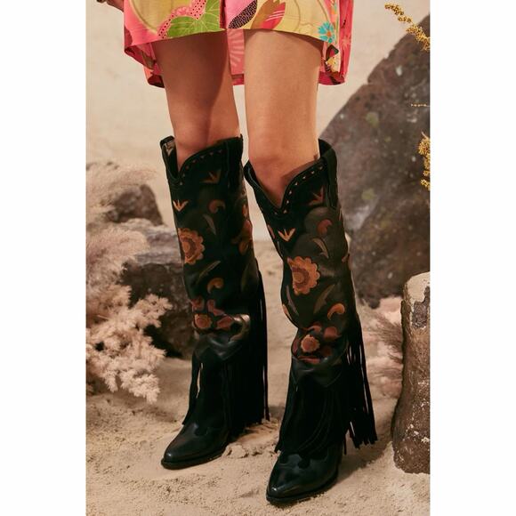 NWT Spell Sannah Fringe Onyx Black Leather Suede Western Tall Boots - Picture 3 of 16